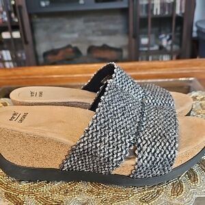 Earth Origins Black and Silver Braided Slide Sandals